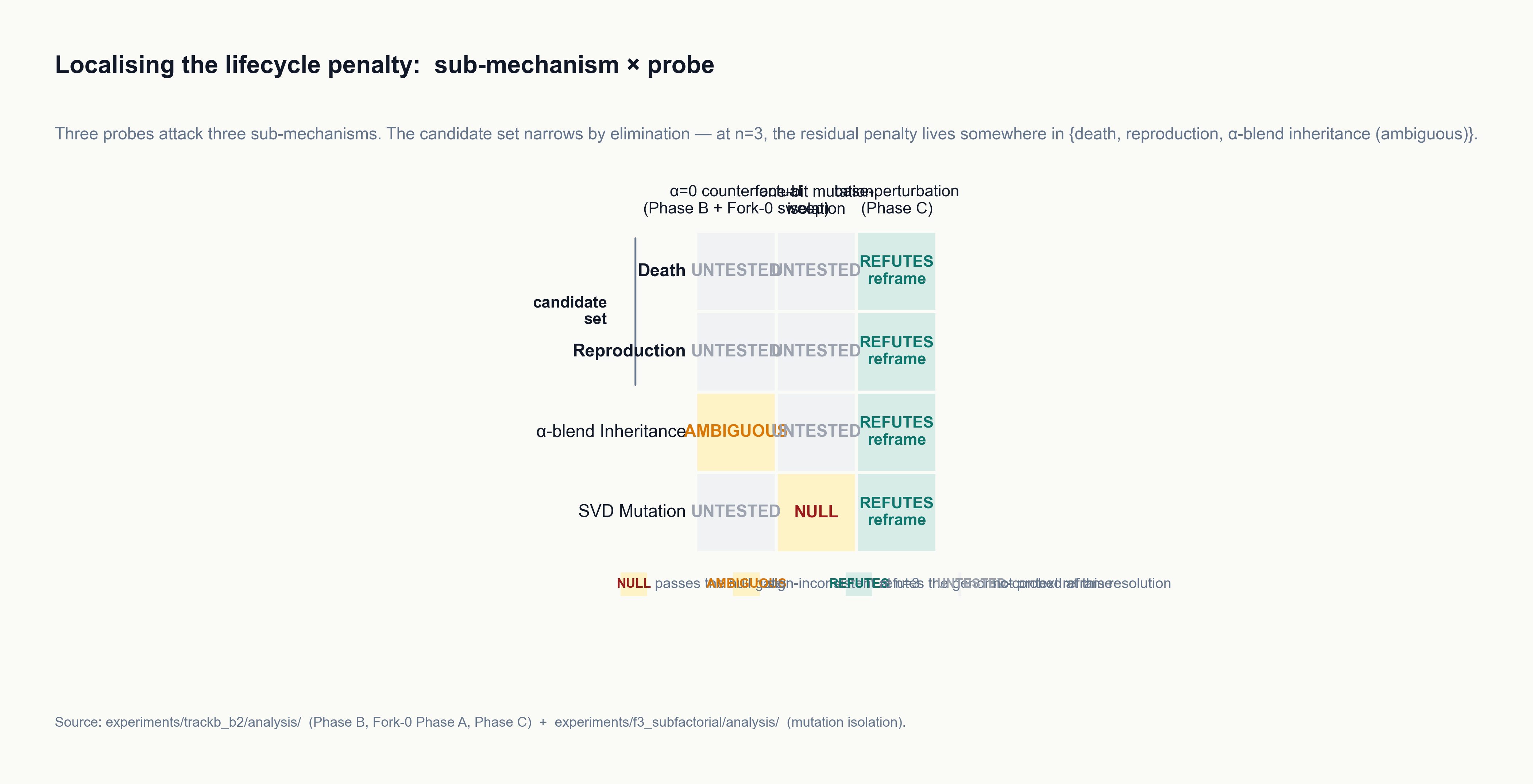 Lifecycle penalty localization matrix: rows are the four sub-mechanisms of F3 (Death, Reproduction, alpha-blend Inheritance, SVD Mutation); columns are the three probes (alpha=0 counterfactual, one-bit mutation isolation, base-perturbation). Each cell carries a verdict color: NULL (mutation under the isolation probe), AMBIGUOUS (inheritance under the alpha=0 counterfactual), REFUTED-REFRAME (the genomic-context reading under base perturbation), and shaded UNTESTED for the remaining cells. The Death and Reproduction rows are entirely UNTESTED at the sub-mechanism resolution, which is how the by-elimination conclusion is reached.