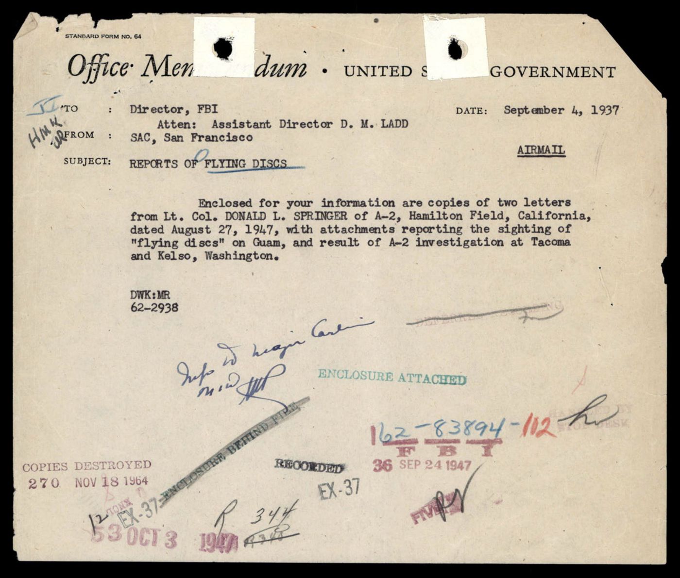 FBI Office Memorandum, San Francisco field office, 1947, regarding flying disc sightings on Guam