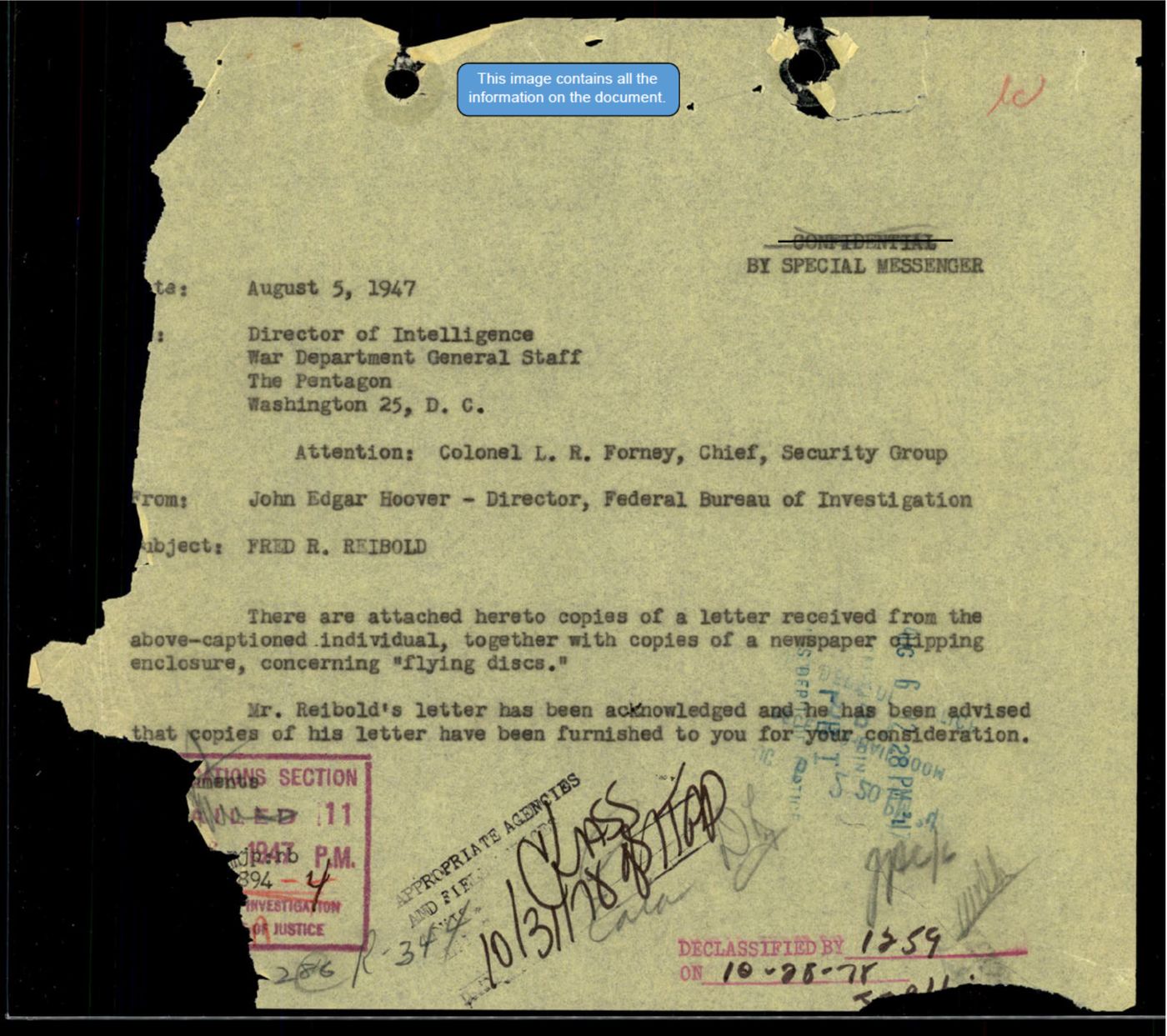 Hoover memorandum to the Pentagon, August 5 1947, regarding flying discs